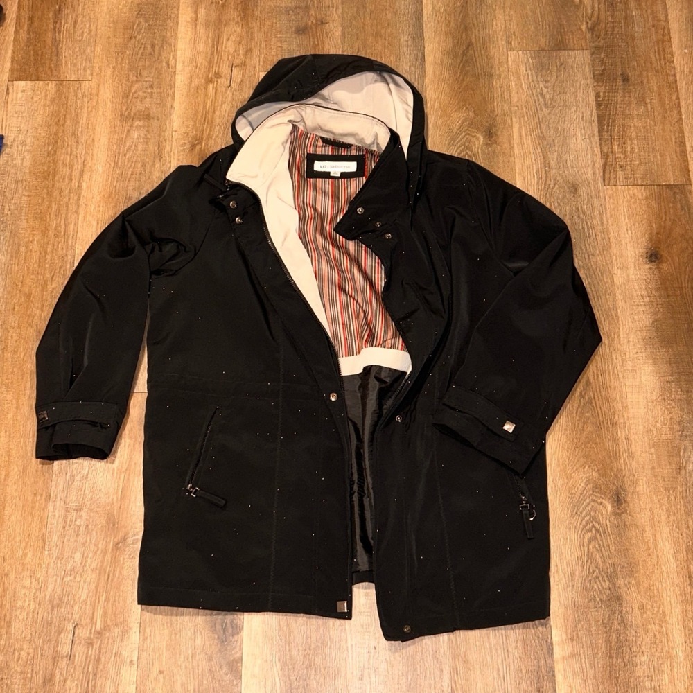 Liz Claiborne Black Hooded Anorak Jacket Striped Lining XL Preppy Normcore Coat